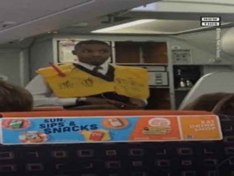 Watch flight attendant's entertaining twist to safety instructions before take-off, video goes viral