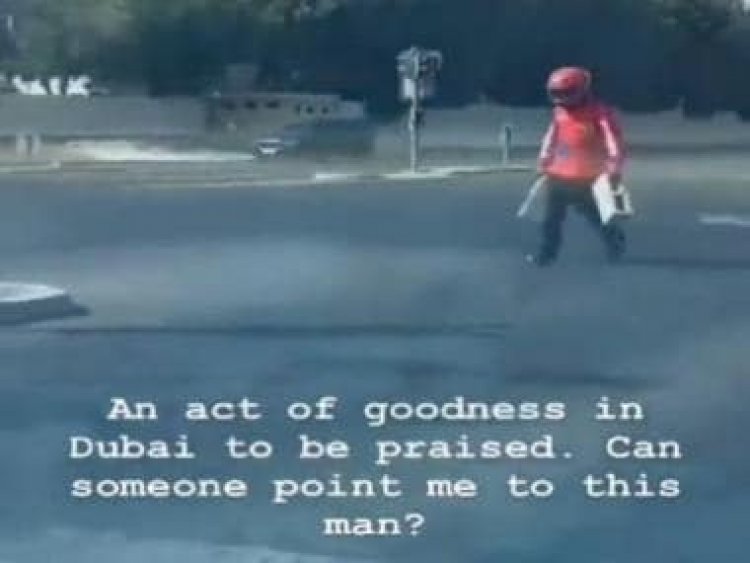 Watch: Food delivery agent removes concrete blocks from road to avoid traffic disruption, Dubai Prince appreciates