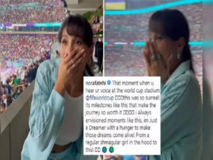FIFA World Cup 2022: Nora Fatehi stunned to hear her voice at match in Qatar, watch her priceless reaction