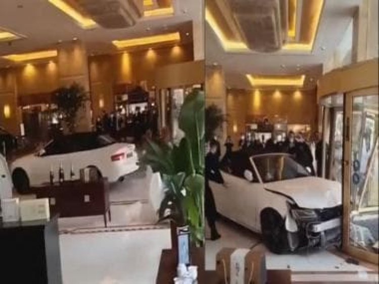 WATCH: Angry man's wild car tirade inside China luxury hotel lobby