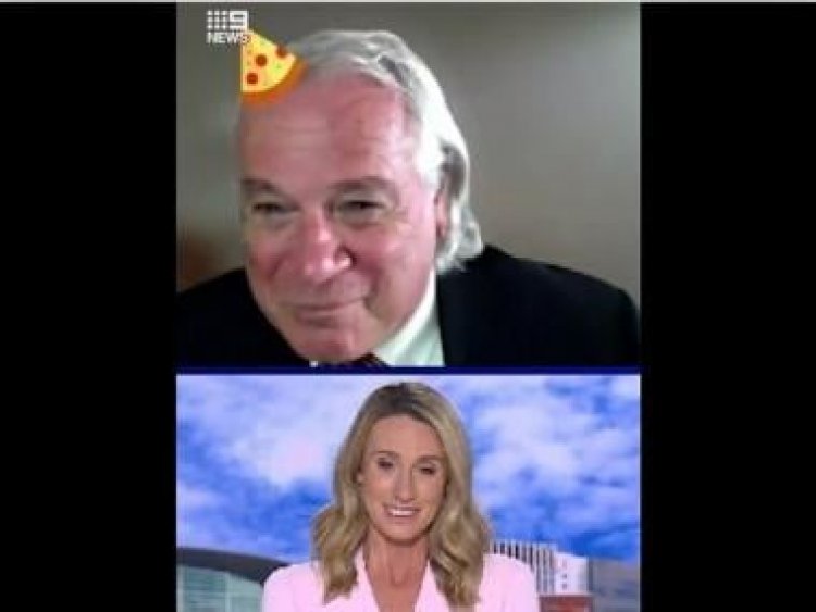 TV presenter bursts into laughter after guest Mark Borlace chooses 'pizza hat' filter during video call