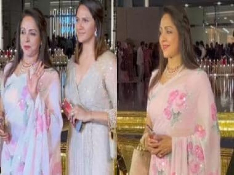 NMACC Launch: 'Dream Girl' Hema Malini looks gorgeous in a floral-printed saree as she arrives with daughter Ahana Deol