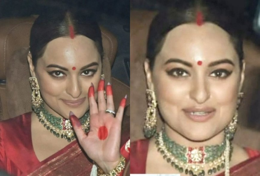 Sonakshi Sinha as Mrs Zaheer Iqbal Opts For Red Brocade Silk Saree And ‘Sindoor’ For Reception, See Photos