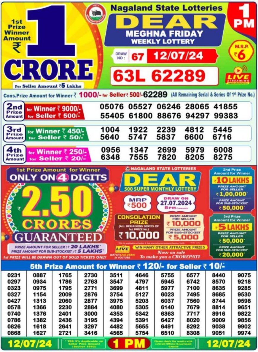 Nagaland Lottery Sambad Result 14.07.2024 For 1PM LIVE: Check Dear YAMUNA MORNING Rs. 1 Crore Lucky Draw Winning Numbers Shortly