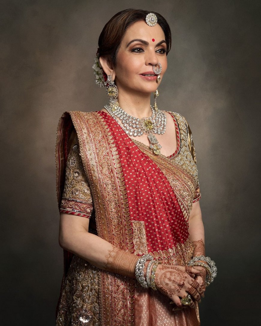 Nita Ambani’s Royalty at Peak in Banarasi Saree, Swarovski Crystal Pallu and Giant Necklace With 100-Carat Yellow Diamond