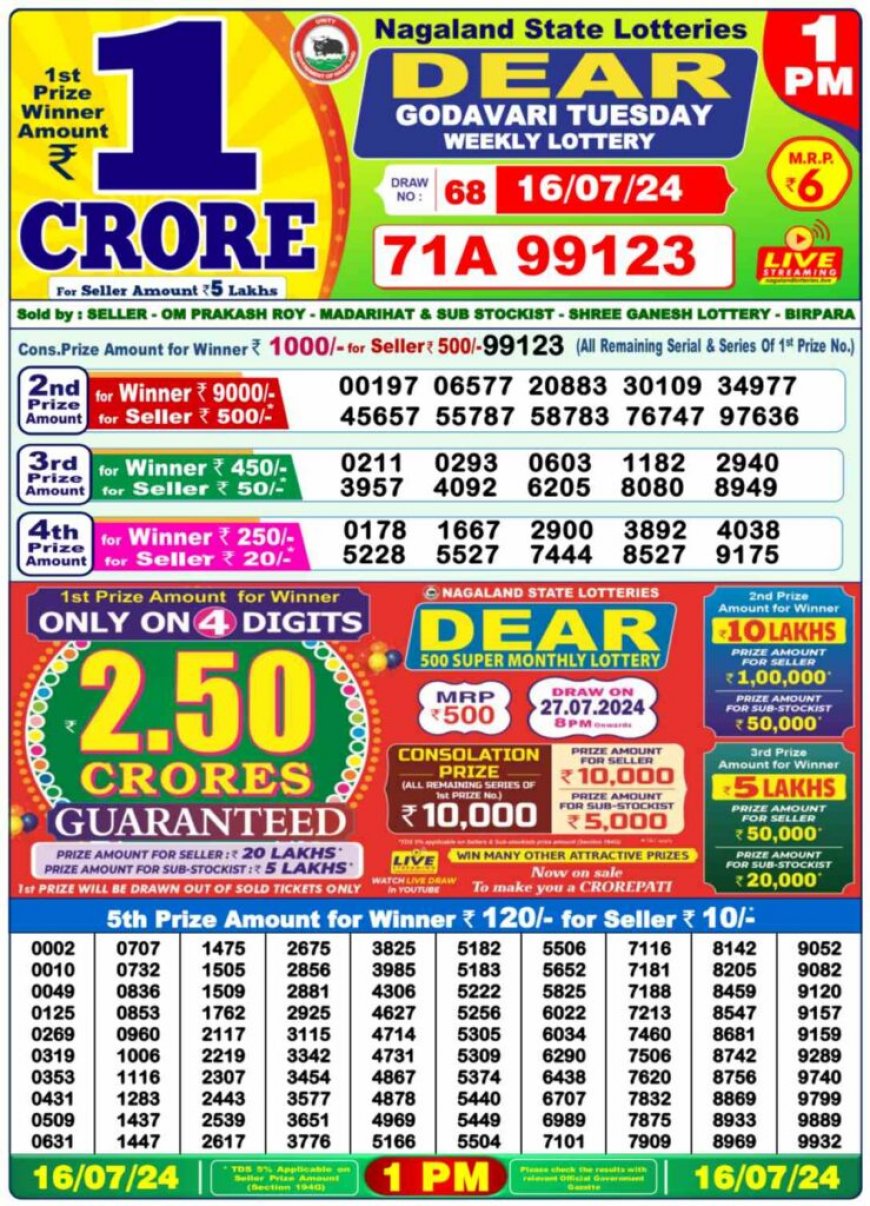 Nagaland Lottery Sambad Result 1PM, 6PM, 8PM For 17.07.2024 LIVE: Check Dear INDUS MORNING Rs. 1 Crore Lucky Draw Winning Numbers Shortly