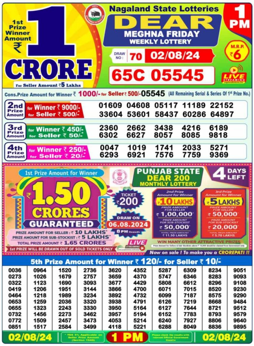 Nagaland Lottery Sambad Result 1PM For 03.08.2024 LIVE: Check DEAR NARMADA MORNING Rs. 1 Crore Lucky Draw Winning Numbers HERE