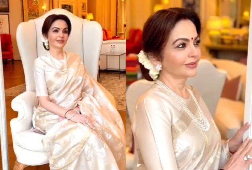 Nita Ambani Weaves a Picture of Pure Elegance in an Exquisite Ivory Saree With Multi-Layered Pearl Neckpiece And Gajra- Watch