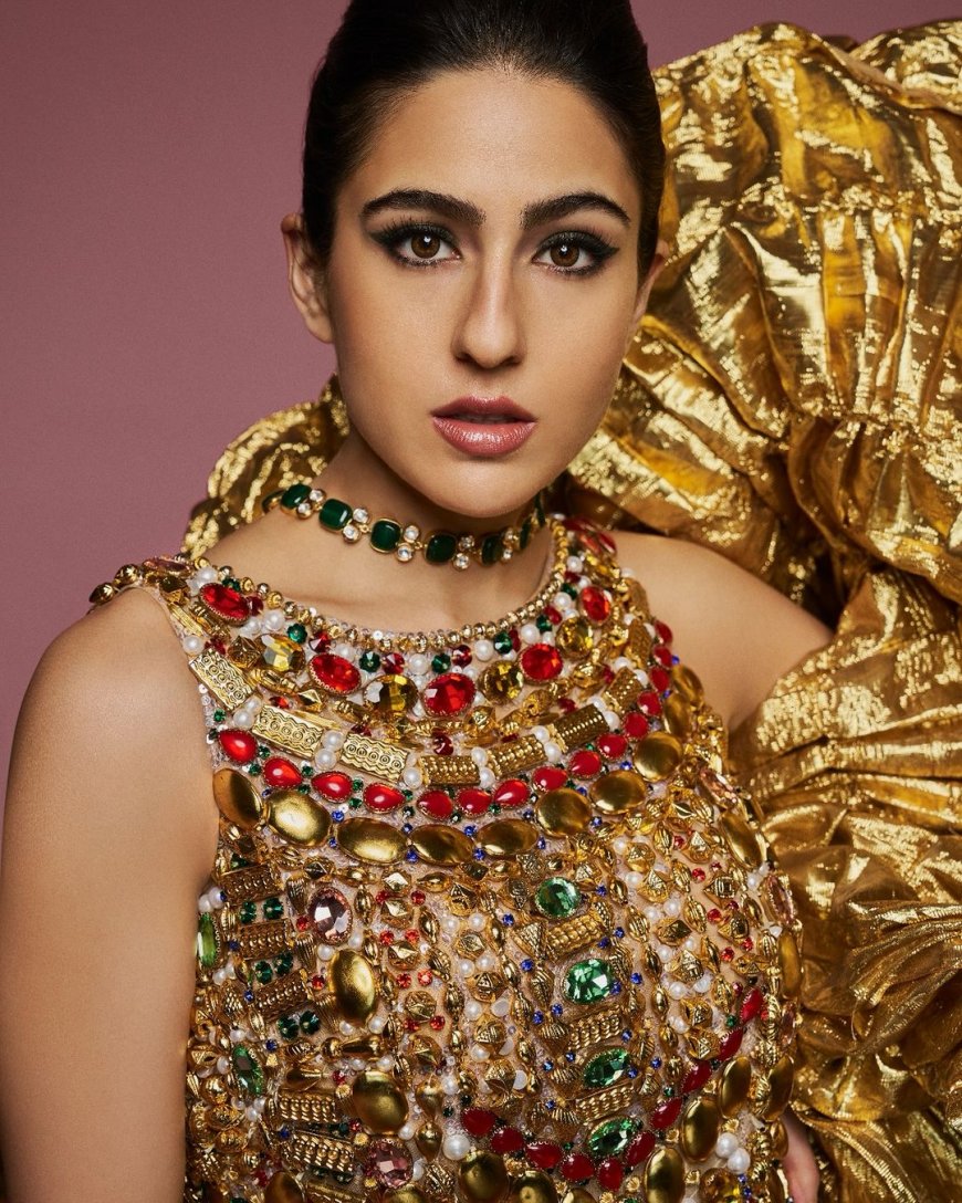 Sara Ali Khan is a jewelled queen in golden beaded gown and unique ruffled shrug