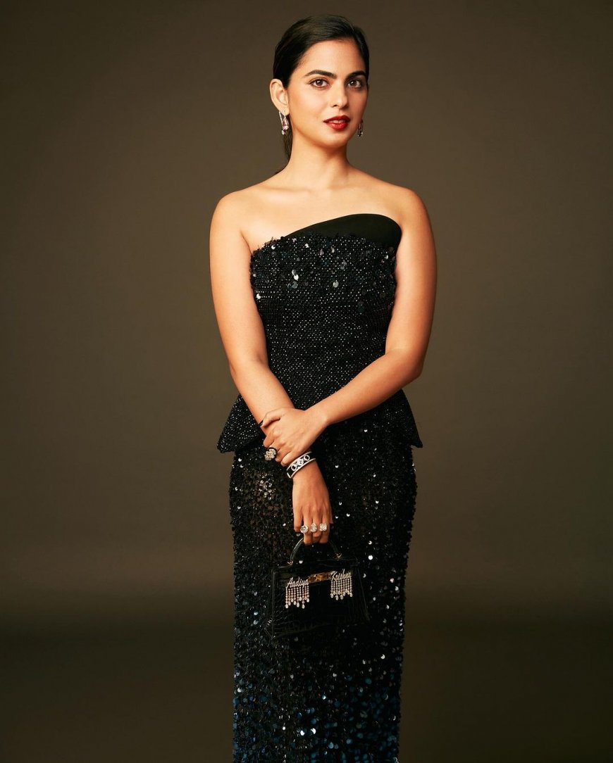 Isha Ambani elegantly sparkles in black strapless corset-skirt with custom bag charms that says…